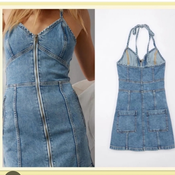 American Eagle Outfitters Dresses & Skirts - American Eagle AE Stretch Denim Jean Halter Mini Dress Zip Front Sz 12 or L